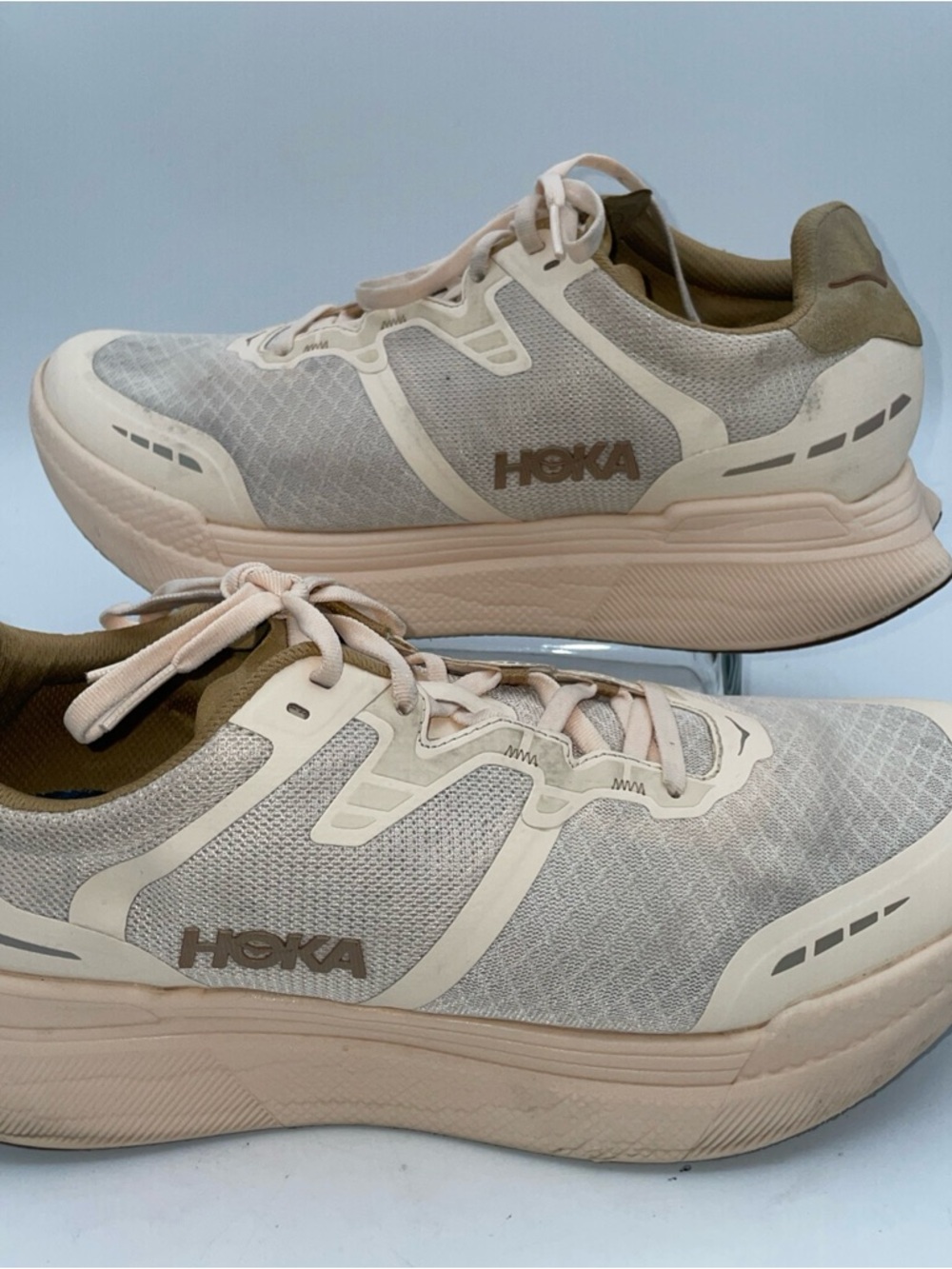 Hoka Men's Light Beige/Pale Pink Cushioned Running Shoes - Picture 3 of 11